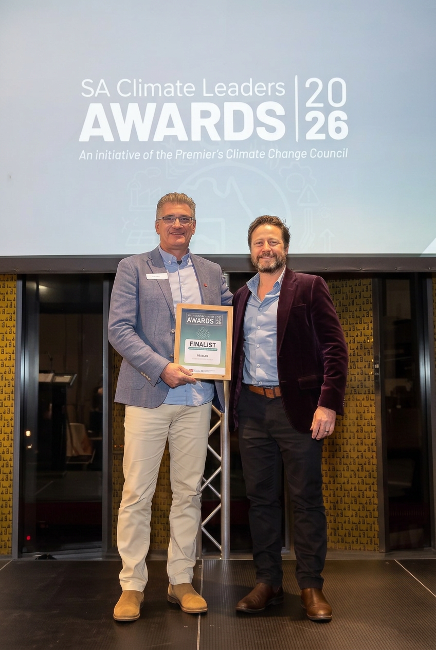 Mark and Lionel at the SA Climate Leaders Awards 2026 with the SOLAFLO finalist certificate
