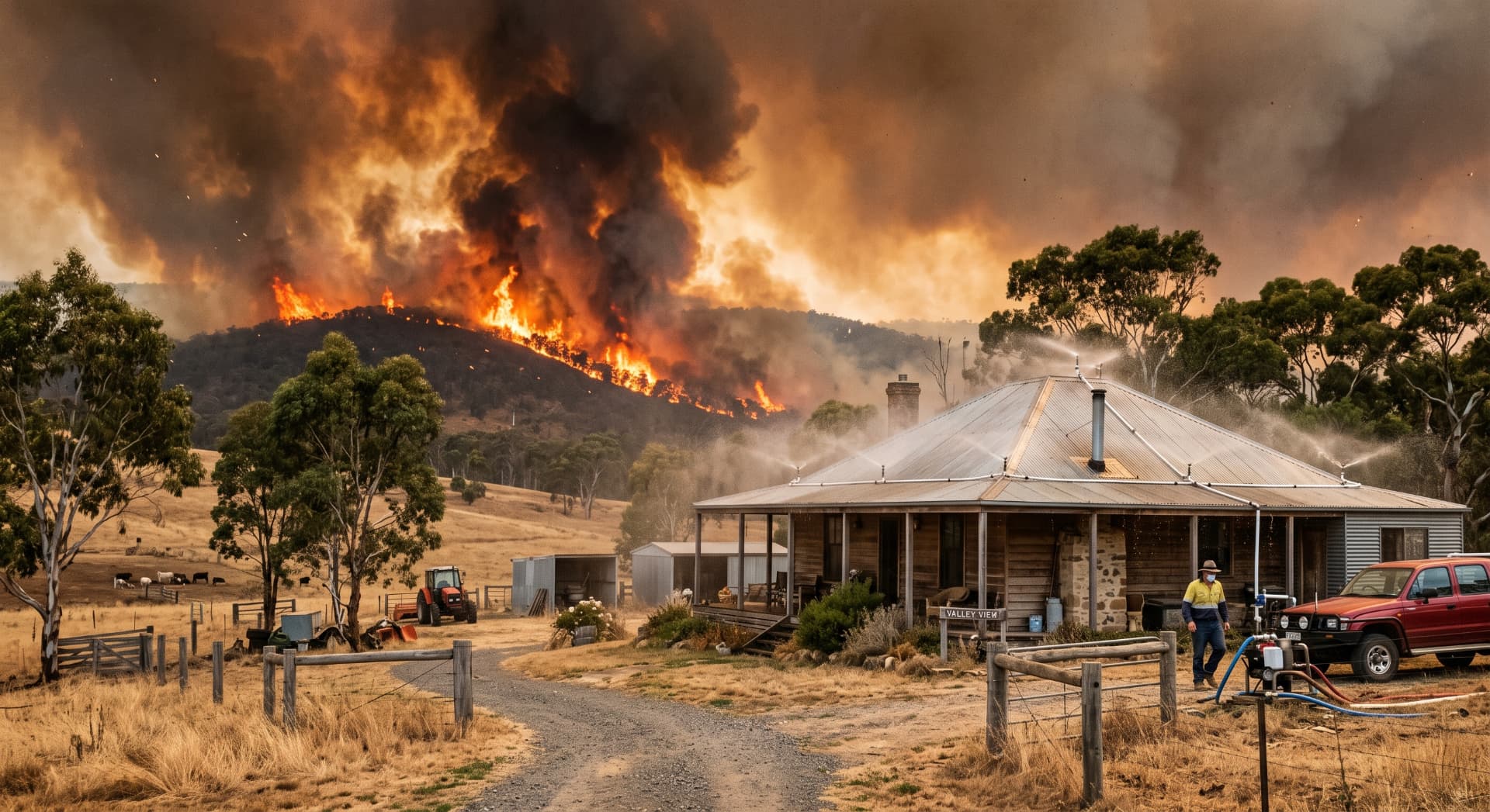 Rural home with rooftop sprinklers operating against a bushfire on the horizon