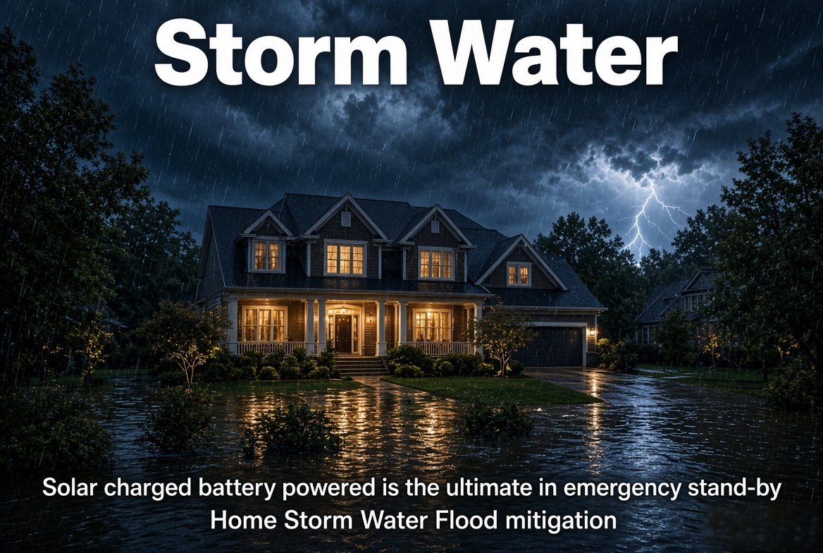 House at night during a storm with flood water, showing the need for emergency stormwater dewatering