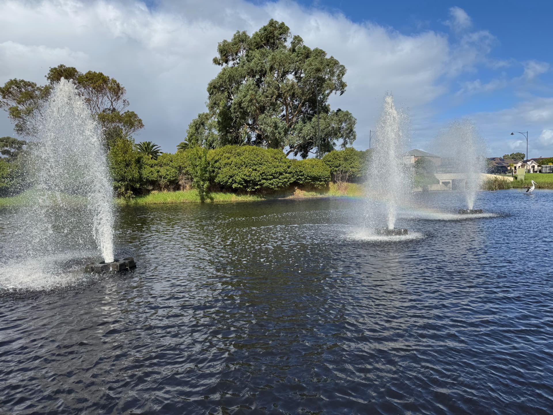 Three solar powered aeration fountains running on a suburban lake